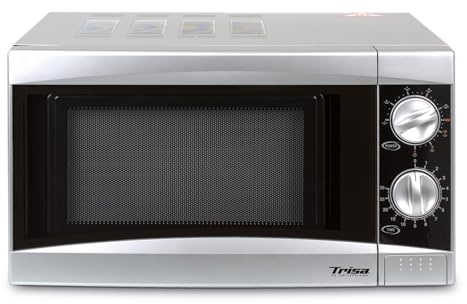 Trisa Micro Grill 17L Mikrowelle mit Grillfunktion, 700W+900W, Silber | Mikrowelle 700W + Quarzgrill 900W, 3 Kombi-Programme, 9 Leistungsstufen, 17L / 24,5cm Drehteller, 2 Drehregler Bedienung