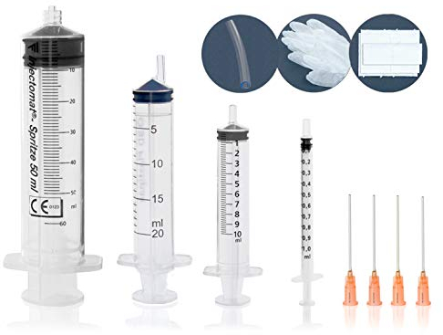 Syringe set with cannulas and storage caps for use as a dosing syringe, rinsing syringe, enema syringe, marinating syringe, etc.,