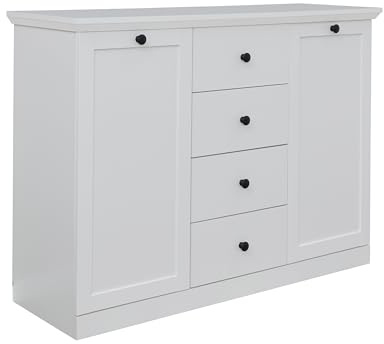trendteam smart living - Baxter - Sideboard - Weiß Matt - Kommode - Schrank - (BxHxT) 119 x 88 x 41 cm - Landhausstil - Schwarze Metallgriffe - Vollauszug Schubladen - Sockel