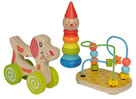 Eichhorn - 100003750 -Lernspielset,Geschenkset, 3 teilig,bestehend aus Steckfigur Clown, Motorikschlaufe, Schiebehund, Birkenholz, für Kinder ab 12 Monaten