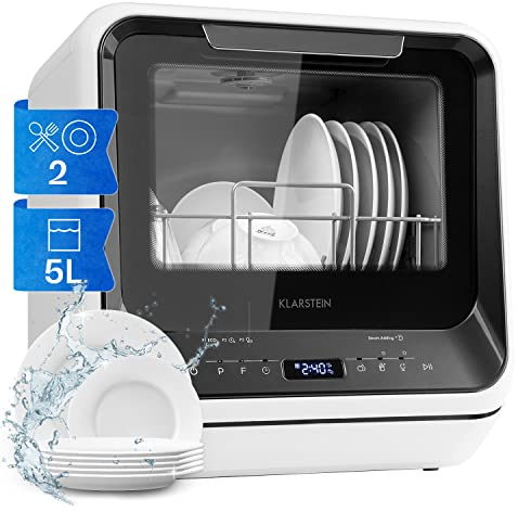 Klarstein Amazonia Mini Geschirrspüler – Kompakte Tischspülmaschine mit Wassertank, 7 Programme, 5L, Digitalanzeige, Leise 58dB, Energieeffizienzklasse D, Tragbar für kleine Küchen & Reisen, Schwarz