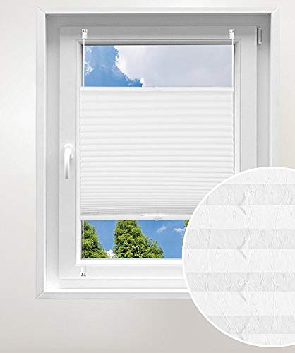 Laneetal Plissee ohne Bohren Klemmfix, Jalousie Faltrollo Crushed Optik, Weiß 100 x 130 cm, mit Spannschue für Fenster und Tür, Easyfix klemmträger und verspannt, Sonnen-, Sicht- & Schallschutz