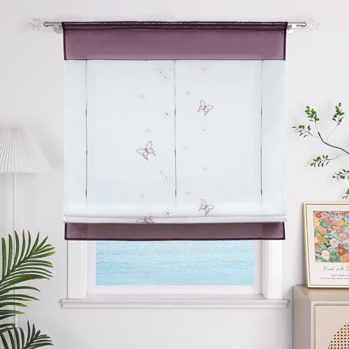 ESLIR Raffrollo Küche Raffgardine mit Tunnelzug Gardinen Transparent Bändchenrollo mit Schmetterling Bestickt Voile Violett BxH 80x100cm 1 Stück