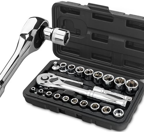 Hi-Spec 22pc Metric Socket Set 1/4” & 3/8” Drive with Ratcheting Wrench, Extension Bars in Compact Tool Case.