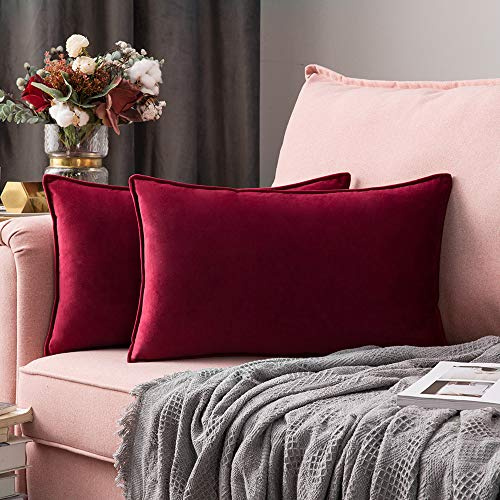 MIULEE Samt Kissenbezug 30x50 Kissen Wein Rot Kissenhülle Dekokissen | Sofakissen Dekorative Satin Umwickelte Kante Kissenbezüge Zierkissenbezug für Sofa Wohnzimmer Schlafzimmer 2er Set