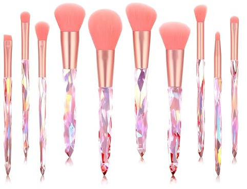 Kingtree Makeup Brushes, 10PCS Pink Crystal Makeup Brush Set Premium Synthetic Foundation Powder Concealer Eyeshadow Makeup Brush Kit, Professional Make Up Brush Set for Girls and Ladies