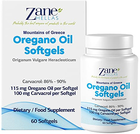 Zane Hellas Högkvalitativa Softgeler av Oreganoolja. Extra Styrka. Varje Softgel Innehåller 20% Grekisk Eterisk olja av Oregano. 100 mg Carvacrol per Softgel. 60 Mjukgeler.