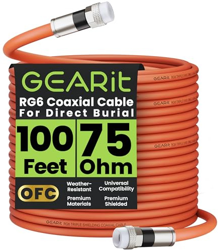 GEARit Coaxial Cable for Direct Burial (100ft) RG6 70 Ohm RF Waterproof Underground in-Wall with Rubber Boot, High-Speed Internet, Broadband, Digital TV Aerial, Satellite 100 Feet