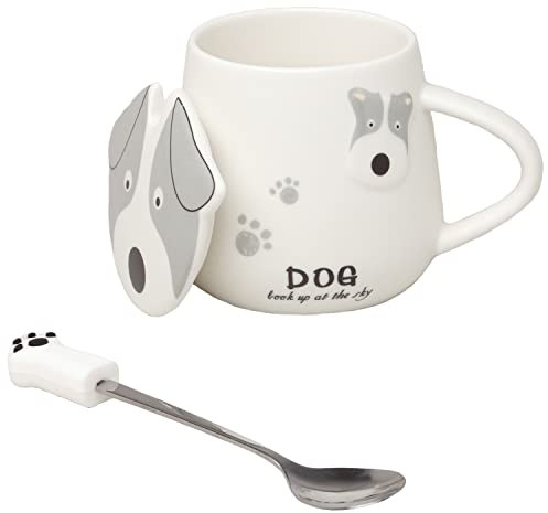 G Decor Dog Ceramic Coffee Tea Mug with Matching Lid Drinks Mug Cup for Tea or Coffee, 250ml (Grey Dog)