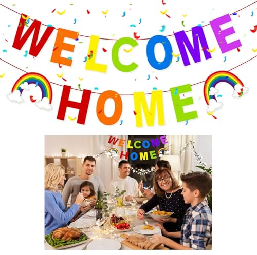 Bienvenido a Casa Banner, Arcoíris de Fieltro Colorido Banner de Banderín de Welcome Home Decoracion Hogar para la Recepción de la Fiesta en el Hogar Suministros de Cumpleaños