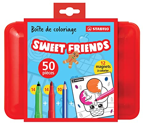 Box mit Filzstiften und Buntstiften - STABILO 14x Trio A-Z und 14x STABILO power und 10x STABILO Trio - 38 Stfite und 12 Sweet Friends-Magnete zum Ausmalen