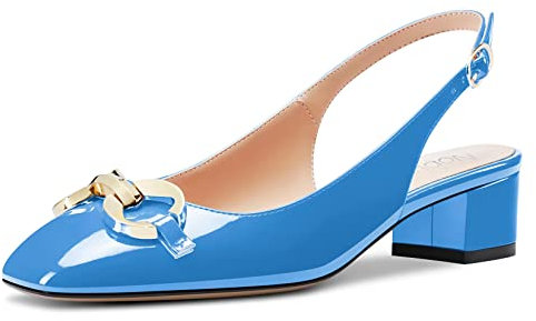 NobleOnly Donna Basso Chunky Blocco Gattini Tacco Heel Quadrata Punta Sandali Cinturino alla Caviglia Slingback Slip-on Pumps da Matrimonio Feste Dress Scarpe Blu E 43 EU