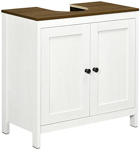 kleankin Mueble bajo lavabo, mueble de baño, mueble bajo fregadero – Armario de 2 puertas con estante – 60 x 30 x 60 cm – blanco y aspecto madera