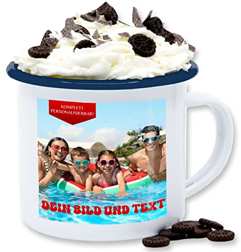 Emaille Tasse Blechtasse - Geschenk mit eigenem Foto und Text personalisiert I Eigenes Bild I Custom Photo Text - 300 ml - Weiß Blau - bildtasse fototasse selbst drucken pictures kaffeetasse
