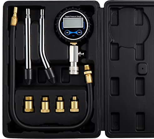 eROOSY Kompressionstester, Kompressionsprüfer Benzin, Auto Kompressionstester, Digital Kompressionsprüfer mit Adapter & Schlauch (Schwarz)