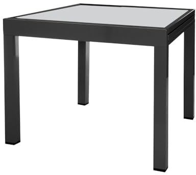 LOLAhome Mesa de Comedor Extensible para jardín Thais, Negra de 80x80 cm Extensible 160 cm, de Aluminio y Cristal Serigrafiado, Tratamiento Anticorrosión, Elegante y Duradera, para 6 Personas