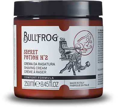 Bullfrog Rasiercreme Secret Potion Nr.2 „Comfort“ – Macht den Bart weich – Hinterlässt die Haut frisch und glatt – Würzige und bernsteinfarbene Noten – Made in Italy – 250 ml