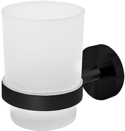 Joeji's Porta Spazzolino da Parete con 2 modalità di Fissaggio - Bicchiere Porta Spazzolini Igienico Bicchiere - Porta Spazzolini Set con Bicchiere Porta Spazzolino Smerigliato e Acciaio Inox Nero