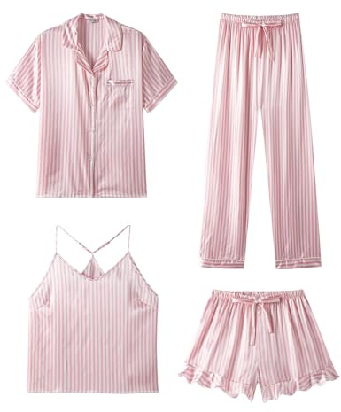 SAPJON Silk Pajamas for Women Set 4Pcs Ruffled Satin Pajamas Set Button Down Short Sleeve Cami Shorts Sleepwear Pj Set