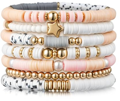 Y1tvei 7Pcs Heishi Surfer Bracelets Set Pink Grey Preppy Smile Evil Eye Beaded Happy Stretch Bracelets Clay Stackable for Women Girls Boho Disc Party Gifts Y2k Aesthetic Summer Beach Jewelry Kit