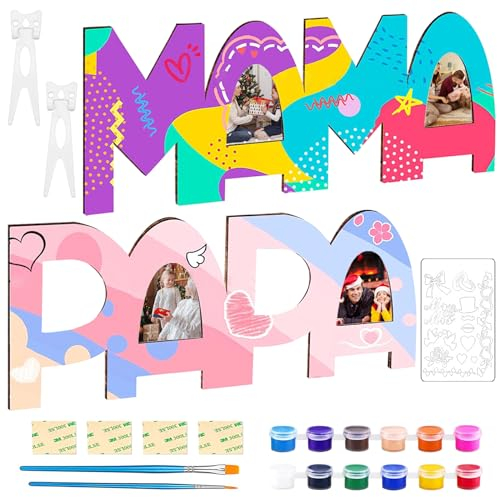 PAPA MAMA Geschenk, 2 Stück Holzbuchstaben Bastelset, Papa Mama Zum Geburtstag Bilderrahmen, Holzbuchstaben Familie Bastelset für Geburtstag Weihnachten Geschenke