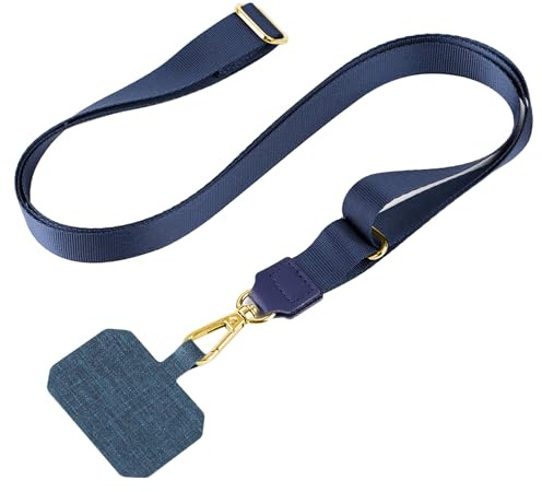 mtb more energy Universal Handykette SoftBand - Dunkelblau - Metallteile Farbe Gold - kompatibel mit vielen Handyhüllen - hochwertiges glänzendes Band zum Umhängen