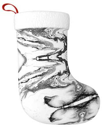HAHAFU Schwarzer und weißer Marmor, personalisierbarer Weihnachtsstrumpf mit großem Druck, flauschige hängende Socken für Weihnachtsdekorationen