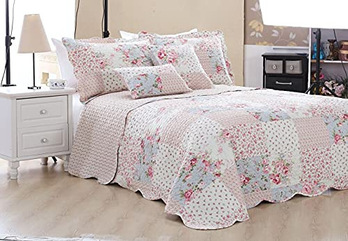 BSL Quilted Patchwork Bedspread Bedding Set 3 Piece Printed Coverlet Includes Bed Throw and 2 Pillow Shams Floral and Check Embroidered Machine Washable (Meadow, Double)