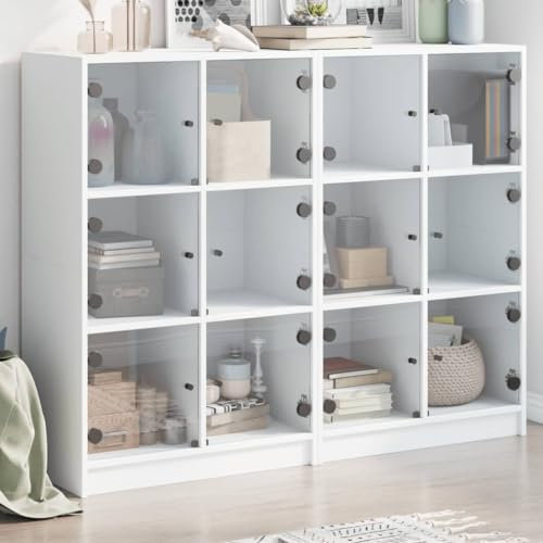 THOYTOUI Bücherregal, Hochschrank Schallplattenregal Würfelregal Küchenregal Geeignet für Büro Werkstatt Abstellraum Badezimmer mit Türen Weiß 136x37x109 cm Holzwerkstoff