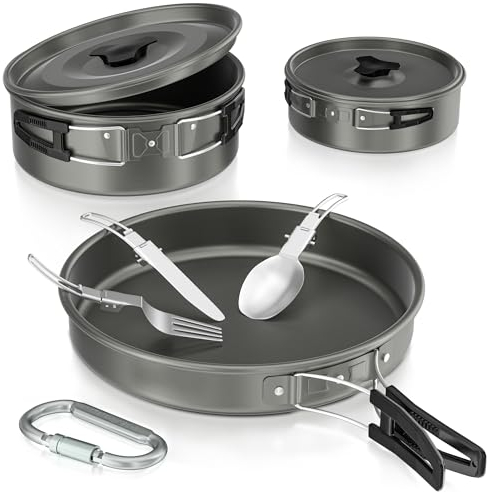 IEEILULU Camping Kochgeschirr Set, Aluminium Kochen Kochgeschirr mit Bratpfanne und Besteck, Outdoor Topfset Faltbar für Outdoor Picknick, Outdoor Kochen, Wandern, Reisen
