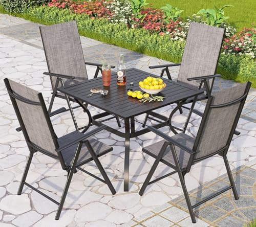 PHI VILLA Gartenmöbel Set Schwarz Tisch mit 4 Klappstühle Grau Wetterfest | Textilene Klappstühle 6X Verstellbar mit Aluminiumrahmen, Quadratischen Metall Tisch, Wetterfest, für Terrasse, Deck, Bistro