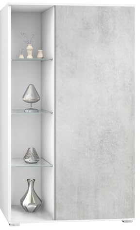 Vladon Vitrine Davos, Made in Germany, Standvitrine mit 3 Glasböden und 8 Fächer, Weiß matt/Beton Oxid Optik (71,5 x 134 x 35 cm)