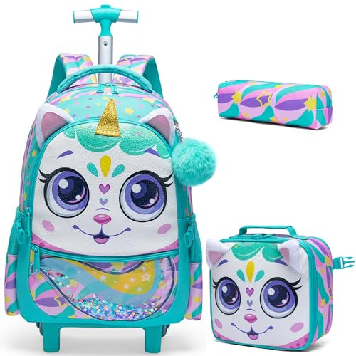 HTgroce Schulranzen Mit Rollen Schulranzen Trolley Mädchen Einhorn Rucksack Mit Rollen Rolling Backpack School Bag Trolley Grundschüle Kinderkoffer ab 6 Jahren