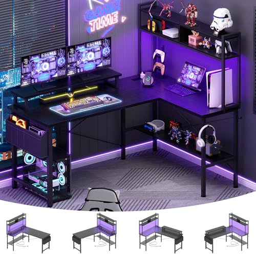 Aheaplus L Shaped Gaming Desk with Power Outlets & LED Lights, Small L- Shaped Desk Computer Corner Desk with Monitor Stand & Storage Shelf, Home Office Desk Writing Desk with Storage Bag, Black