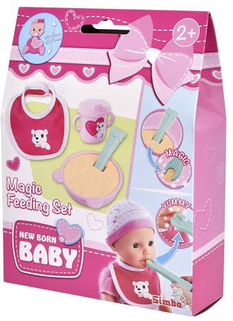 Simba New Born Baby magisches Fütterset, Teller mit Brei, magischer Löffel, Trinklernbecher und Lätzchen für 30-43cm Puppen, 4 Teile, ab 2 Jahren