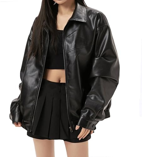 TERAZUNO Zip Skinnjackor för Kvinnor Motorcykel Faux PU Moto Biker Ytterkläder Toppar Fritidsjacka Höst Vinter Mode Lös Fritid Lapel Jacka Y2K Klassisk Vintage Plus Size(XXL)