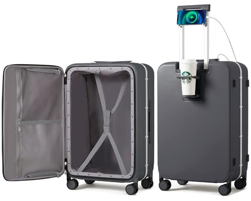 mixi Large Checked Luggage with Cup Phone Holder and Charger Hard Shell Suitcases with Spinner Wheels, 26 Inch Rock Gray