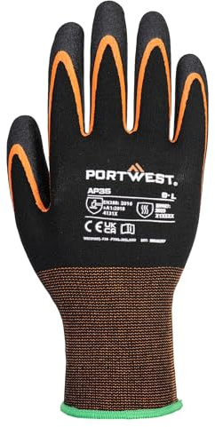 Portwest AP35 Grip 15 Nitrile Double Palm Work Safety Glove Durable Oil Resistant Heat Protection Comfort Fit Ergonomic Hand Protection, Black/Orange, S