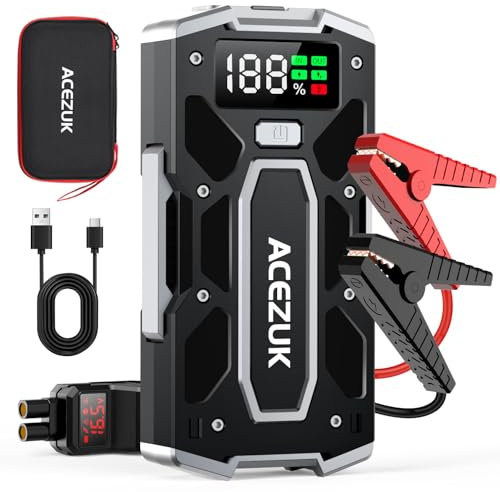 ACEZUK Starthilfe Powerbank 12V (bis zu 10.0L Benzin und8.0L Diesel) Auto Starthilfe mit LED-Taschenlampe, großen Bildschirm, Jumper Bildschirm, Autobatterie Booster für SUV Motorrad Rasenmäher 7000A