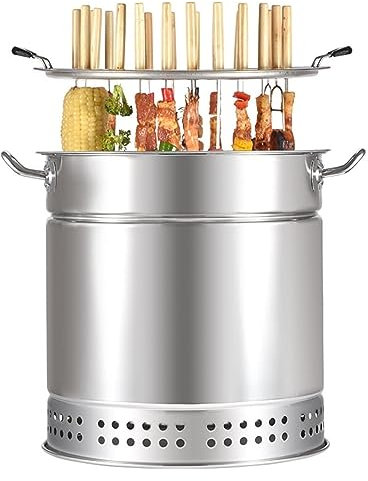 KUOYTT Barril ahumador de carbón para Barbacoa, Parrilla de Barbacoa de Acero Inoxidable, Barril de Malla con 20 brochetas, Cesta para Asar con Ruedas, Rejilla para Barbacoa de Camping pa