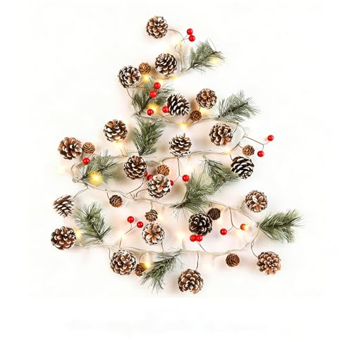 6.5FT/200cm 50LED Vorbeleuchtete Weihnachtsgirlande mit Schnee, Tannenzapfen und roten Beeren, künstliche Girlande für Mantel, Treppe, Kamin, Innen-/Außendekoration Batteriefach (Kiefernzapfen)