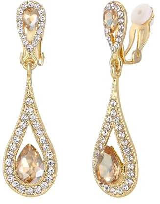 EVER FAITH Pendientes de clip de cristal austriaco para mujer nupcial de lujo lágrima boda pendientes de clip, 5.2 cm x 1.5 cm, Cristal