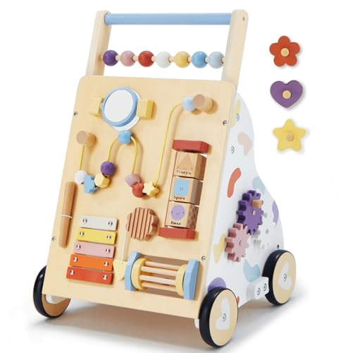 Frogprin Wooden Baby Walker, Baby Push Walker, Montessori Walker Toy for Babies 12M+ Learning to Walk & Sit-to-Stand, Adjustable Speed Walkers for Boys, Baby Activity Center with Sensory Toy for Girls