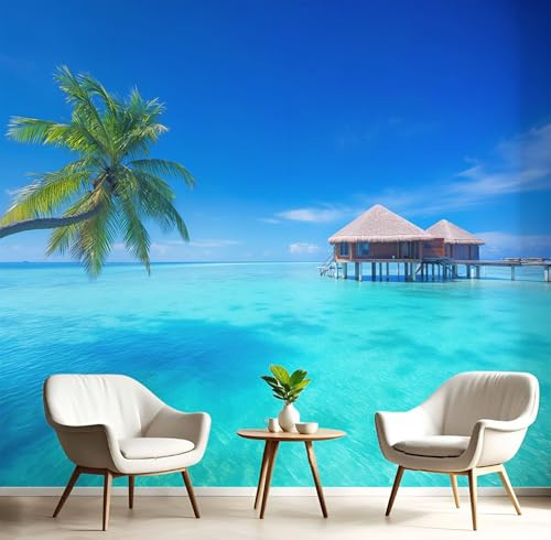 Fotomurales Decorativos Pared Fotográfico TV, Cabaña De Agua De Mar Foto Mural, Azul profundo 3D Papel Pintado, Palmeras Tropicales Estéreo 3D Fotomurales, 300Anx210Al cm