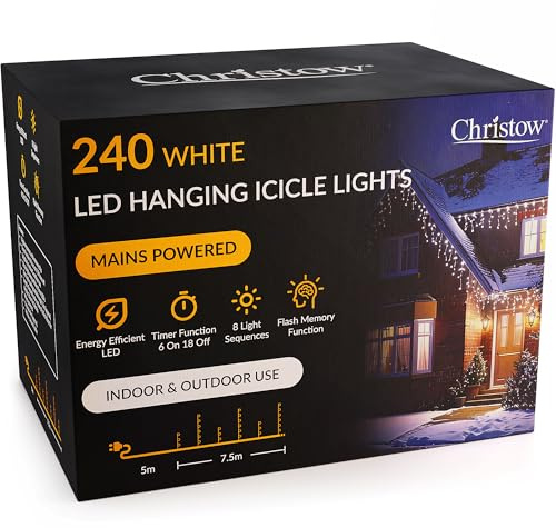 CHRISTOW Hanging Icicle Christmas Lights, 240 White LEDs, 7.5m Lit Length, Indoor & Outdoor, Mains Powered with Timer, 8 Light Sequences with Memory, Icicle Fairy Lights