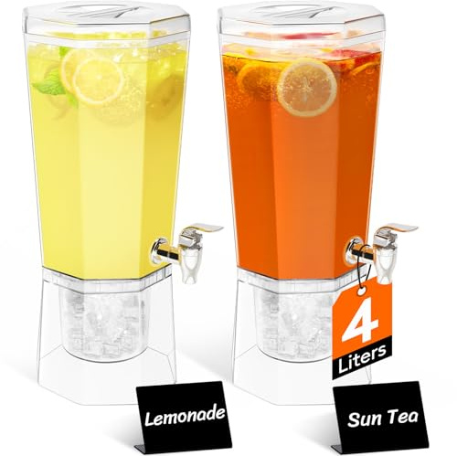 Lifewit 1 Gallon Drink Dispenser for Parties 2 Pcs, 4L Plastic Beverage Container with Stand for Juice/Tea/Soda & Lemonade, Clear Water Pitcher with Spigot for Mimosa Bar Hosting 39 x 16 cm/15x6