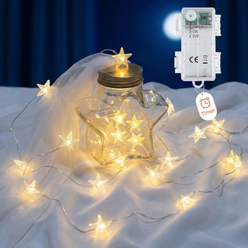 Afaiup Guirnalda de luces de estrella a batería, 2 m, micro 20 LED, funciona con pilas, temporizador IP65, alambre plateado, luces de hadas para árbol de Navidad, cumpleaños, fiesta de San Valentín