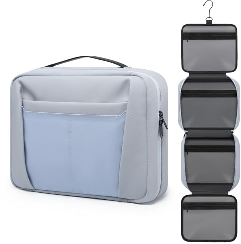 GAOCHY Trousse de Toilette Suspendue Hommes Femmes Sacs Voyage Trousse à Maquillage Imperméable Pliable Grande Capacité Organisateur Sac de Toilette Format avec 5 Compartiments, Bleu Brouillard-M