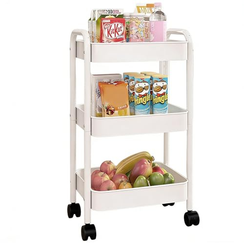 HZXYchen 3-Tier Rolling Storage Cart with 360° Wheels, Heavy-Duty Metal Trolley for Small Spaces, Mobile Organiser for Kitchen, Bathroom, Bedroom, Office (40x30x76cm) (white)