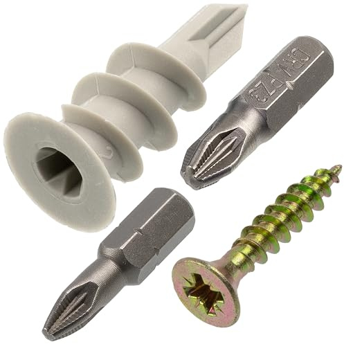 AERZETIX - Sats med 60 gipsankare Ø13x34 mm i nylon + 60 träskruvar Ø4.5x25 mm + 2 bits PZ2/PZ3 1/4x25 mm | för gipsväggar